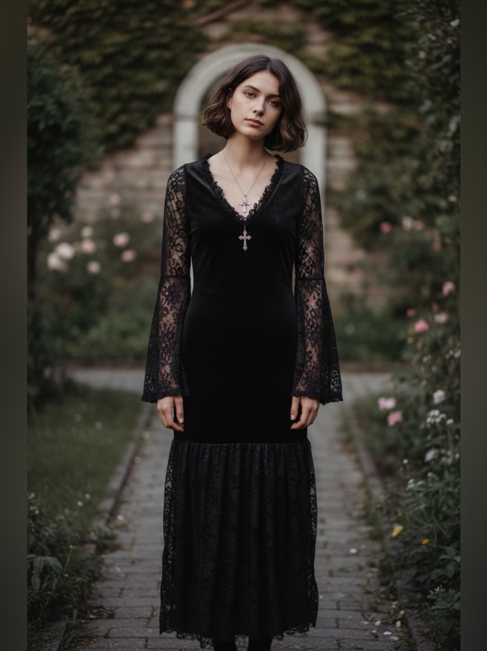 Black Gothic Lace Bell-Sleeve Maxi Dress